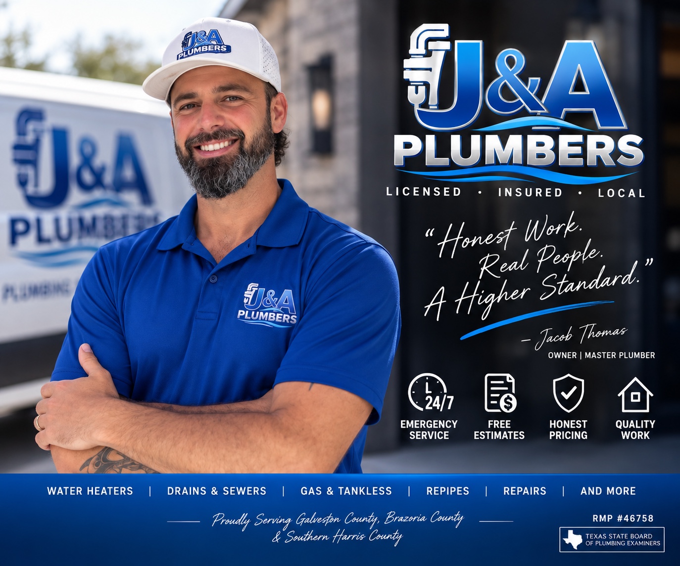 Jacob Thomas in a blue J&A polo and white hat. J&A Plumbers: honest work, real people, a higher standard.