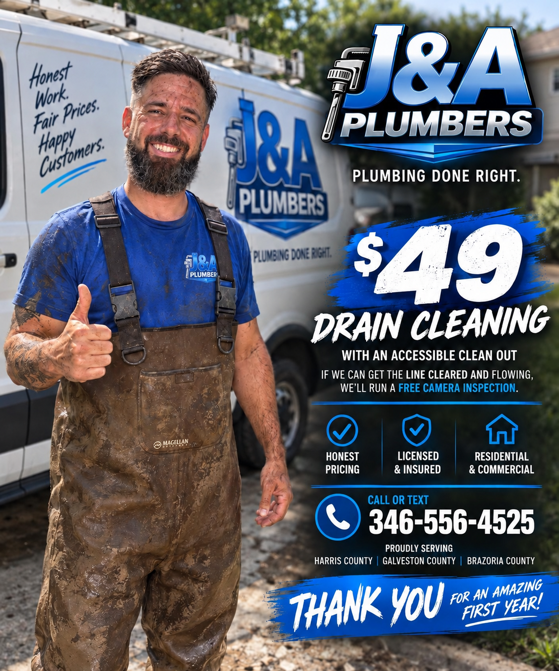 J&A Plumbers September special: $49 drain cleaning with an accessible cleanout. Free camera inspection if the line is cleared and flowing. Call or text 346-556-4525.